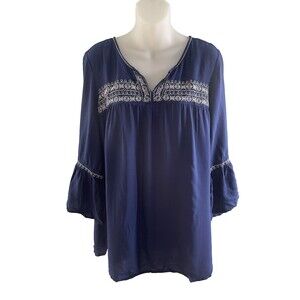 Avenue Blouse Women Plus Size 14/16 Blue Bell Sleeve Embroidered Casual Top NWT